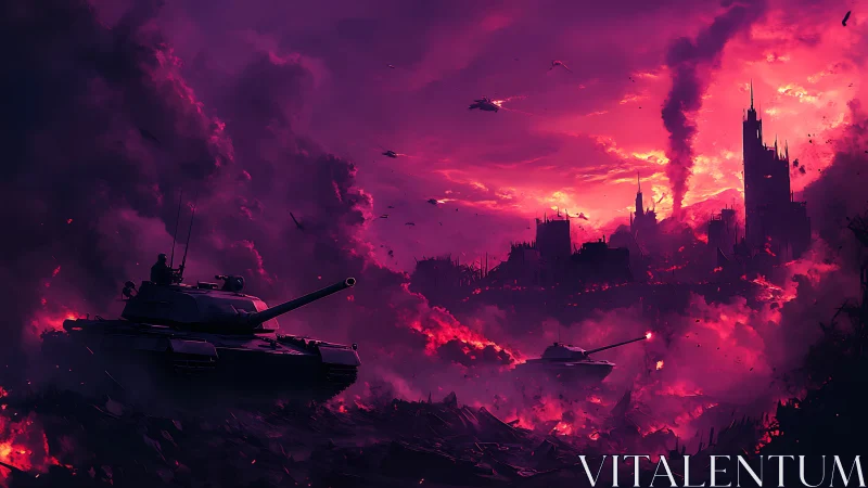 Crimson dusk over ruined city and advancing steel tanks.