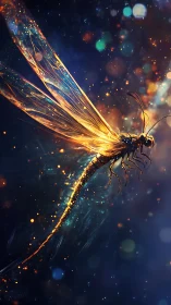 Luminous dragonfly drifts through glittering cosmic night.