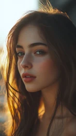 Soft sunset portrait with freckled gaze and golden glow.