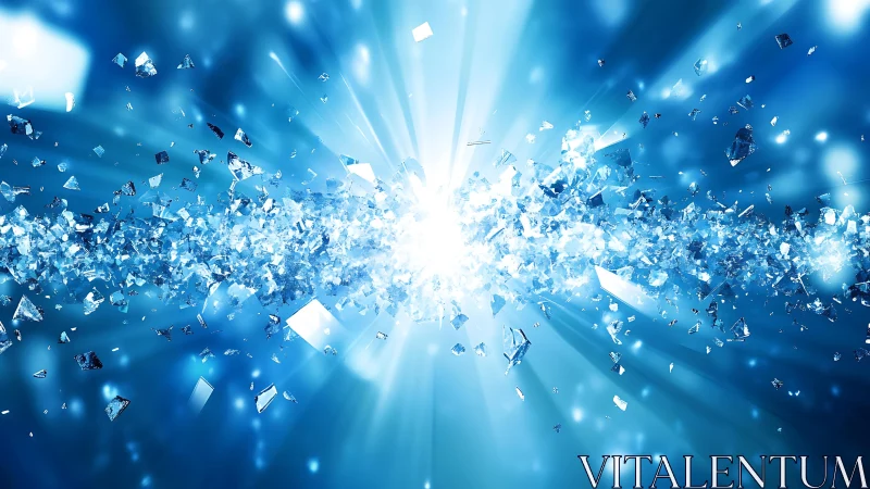 Shattered Glass Explosion in Blue Abstract Digital Art Style.