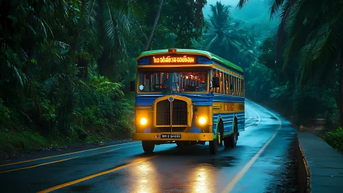Colorful regional bus on wet tropical forest roadway.