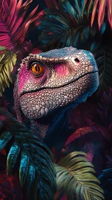 Bioluminescent raptor head emerges from neon jungle foliage