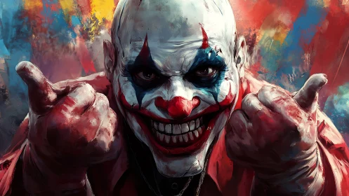 Sinister clown portrait with bloodied hands and grim smile.