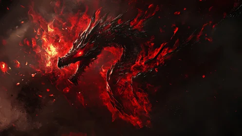 Emberborne dragon erupts from swirling inferno and shadow.