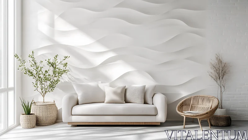 Serene minimalist living room with sculpted wave wall paneling.