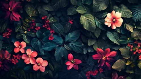 Vibrant Garden Blooms. Dark Botanical Composition.