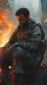 Soldier in tactical gear seated amid urban explosion.