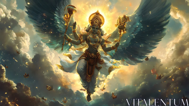 Divine winged deity soaring through radiant celestial sky.