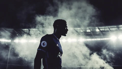 Football player silhouette in stadium floodlight haze.