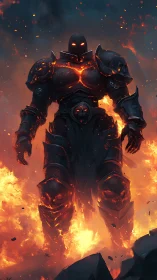 Molten infernal knight emerging from blazing volcanic flames.