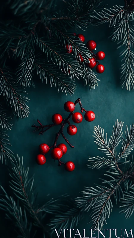 Evergreen fir needles and red berries arranged in dramatic contrast