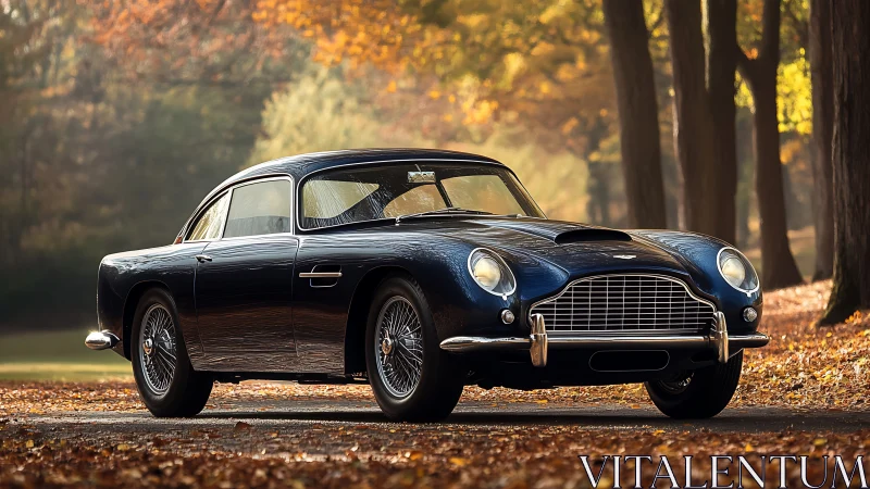 Classic grand tourer coupe parked on leaf-covered forest road