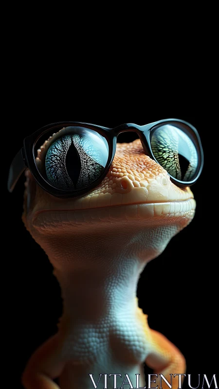 CGI gecko character wearing reflective black glasses.
