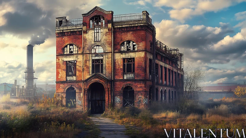 Brickwork ghost manor amid rusted smokestacks and wild grass.