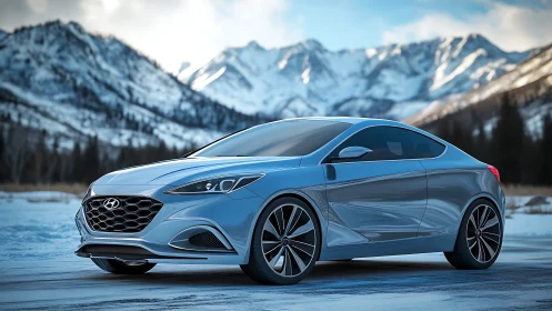 Silver coupe car is parked on a snow-covered plain