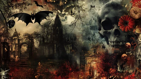 Gothic skull collage with bats, ruins, florals, and dark fog.
