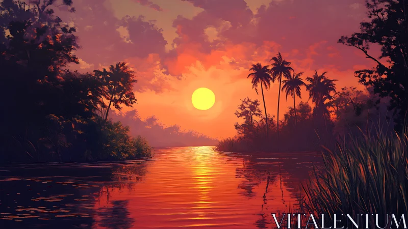 Sunset over tropical river with silhouetted dense foliage.