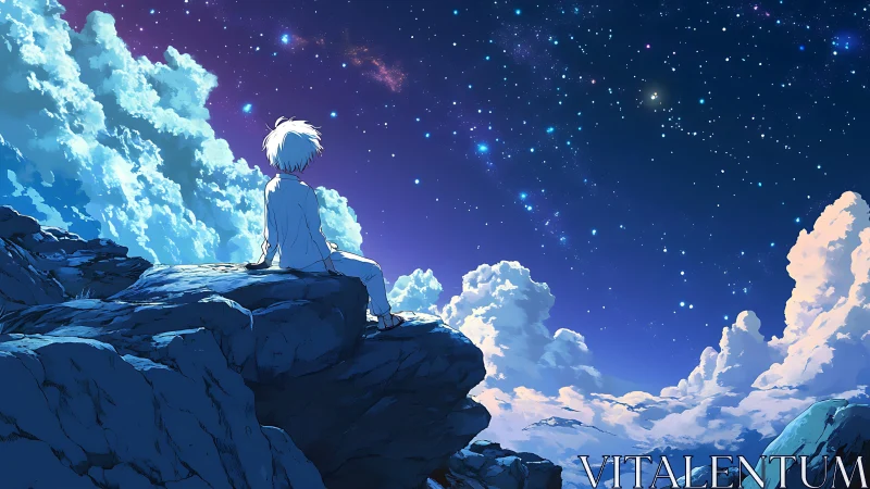 Solitary anime figure studies celestial sky from rocky height