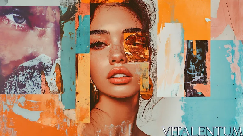 Layered portrait collage with bold cyan and orange blocks.