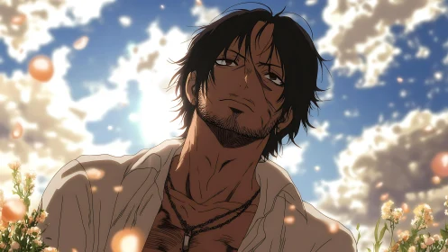 Sunlit anime wanderer under glowing cloud-filled sky.