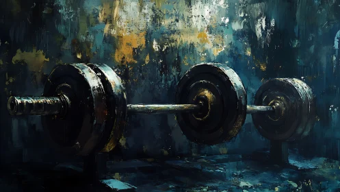 Barbell with weight plates in textured abstract gym scene.