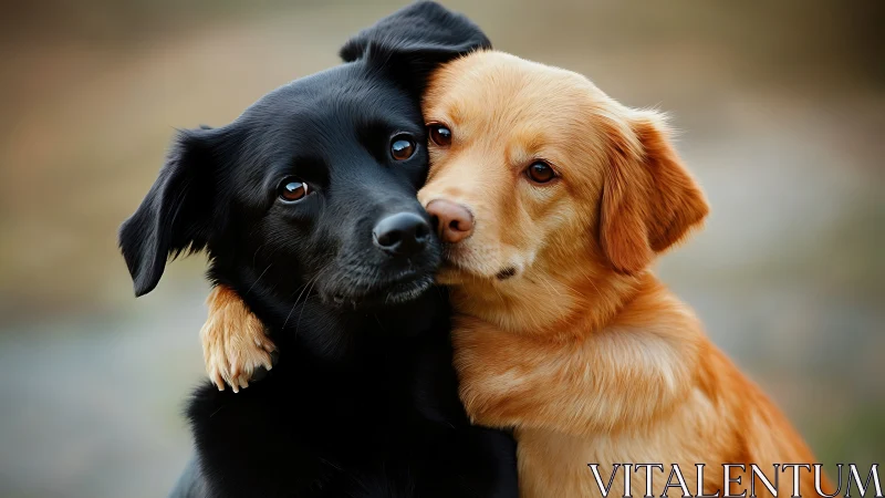 Two affectionate dogs share a warm, comforting embrace outdoors