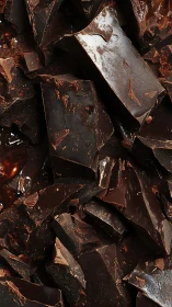 Dark chocolate fragments display sharp edges and glossy surfaces