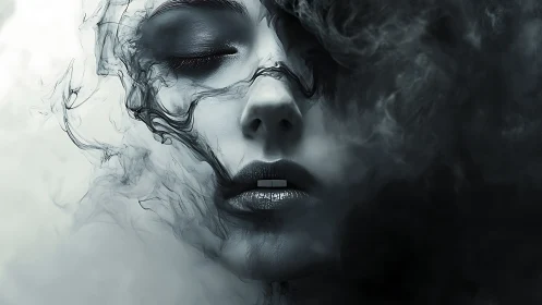 Soft shadows curl around a serene face in drifting smoke