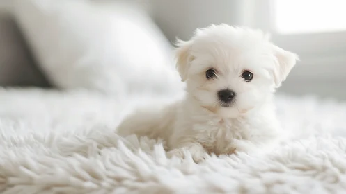 High-key portrait of white puppy on textured fleece bedding