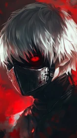 Masked white haired antihero stares through crimson haze