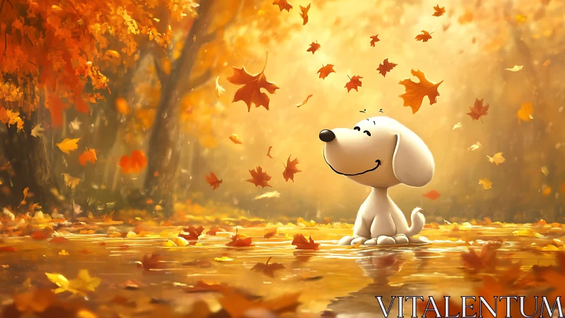 Cartoon beagle observes dynamic autumn foliage in warm backlight