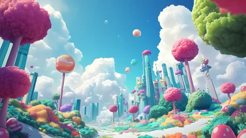 Vibrant candy metropolis with stylized trees under volumetric clouds