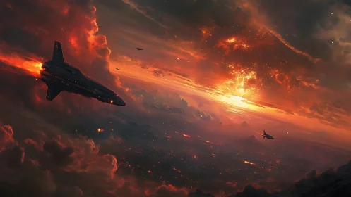 Military Spacecraft Against Apocalyptic Firestorm Cloudscape.