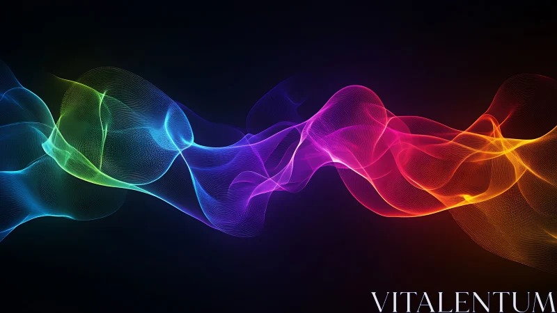 Digital painting of luminous multicolor waveform ribbons on black.