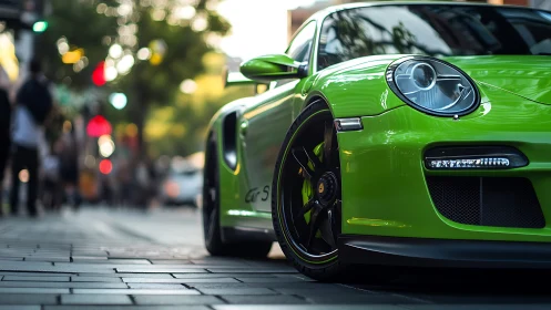 Green sports car hugs city street with glossy precision.
