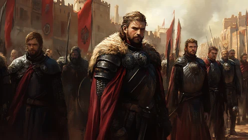 Crimson-cloaked knights march beneath storm-stained banners.