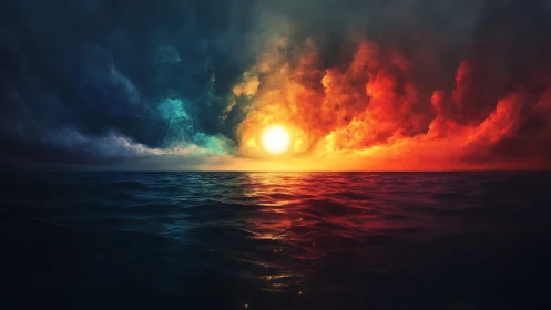 Stormlit ocean sunset between emerald dusk and fire.