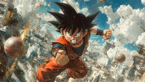 Dynamic anime fighter accelerates through explosive urban sky