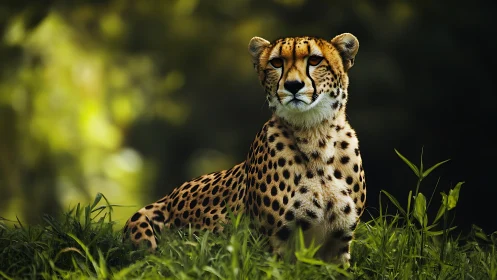 Cheetah sits alert in green grass with blurred forest background