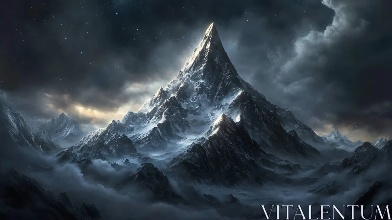 Storm-lit obsidian peak crowned by whispering winter skies.