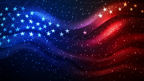 Digitally refracted USA flag waves with luminous spectral stars.