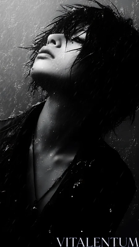 Wet-haired figure in rainlit monochrome portrait study.