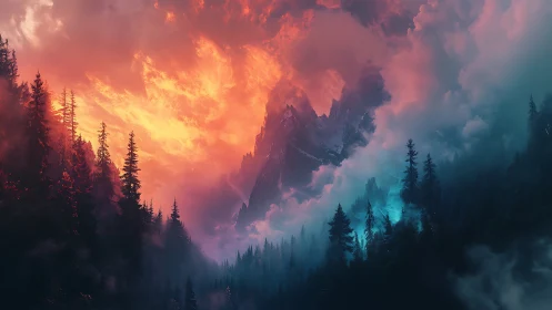 Dramatic sunset over forested mountains with layered clouds