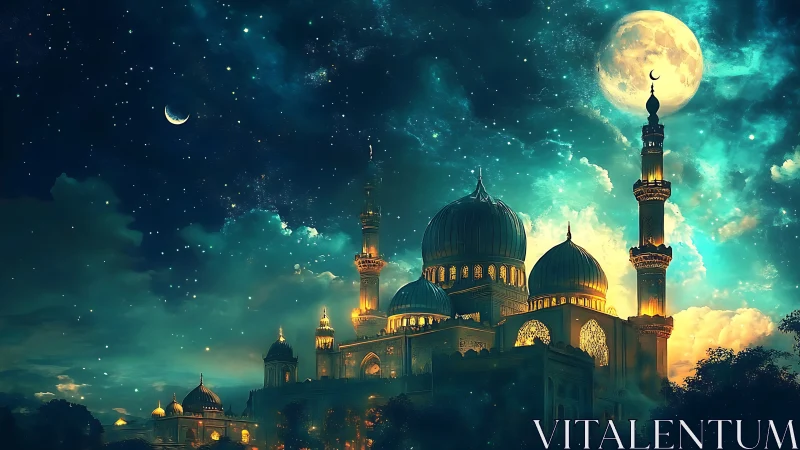 Moonlit mosque glowing softly beneath a dreamy starlit sky.