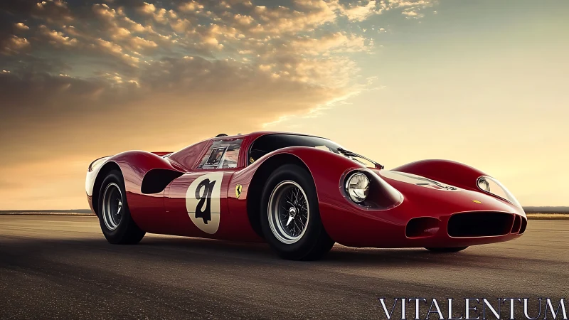 Photorealistic low-angle study of classic red race car form.