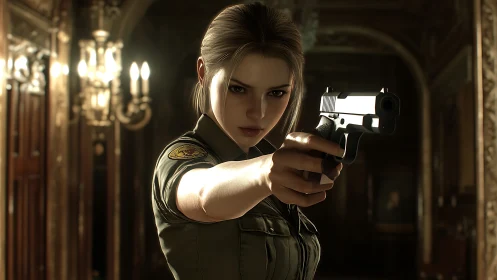 Armed female officer aiming handgun in ornate corridor.