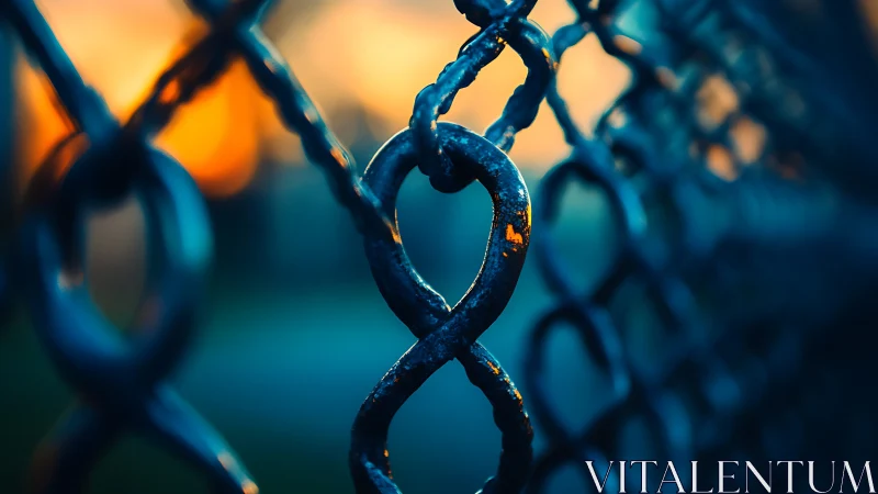 Oxidized blue chain links with warm golden background bokeh