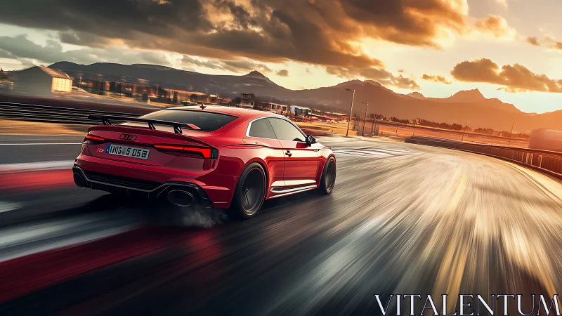 Red performance coupe accelerates along sunlit racetrack curve