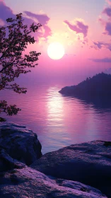 Vivid pink sunset illuminates tranquil rocky shoreline beautifully.