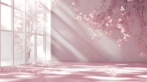 Sunlit cherry branches quietly spill spring across the floor